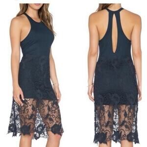 Free People Nora Lace Crochet Midi Tank Dress Sz Medium Dark Blue Stretch Goth
